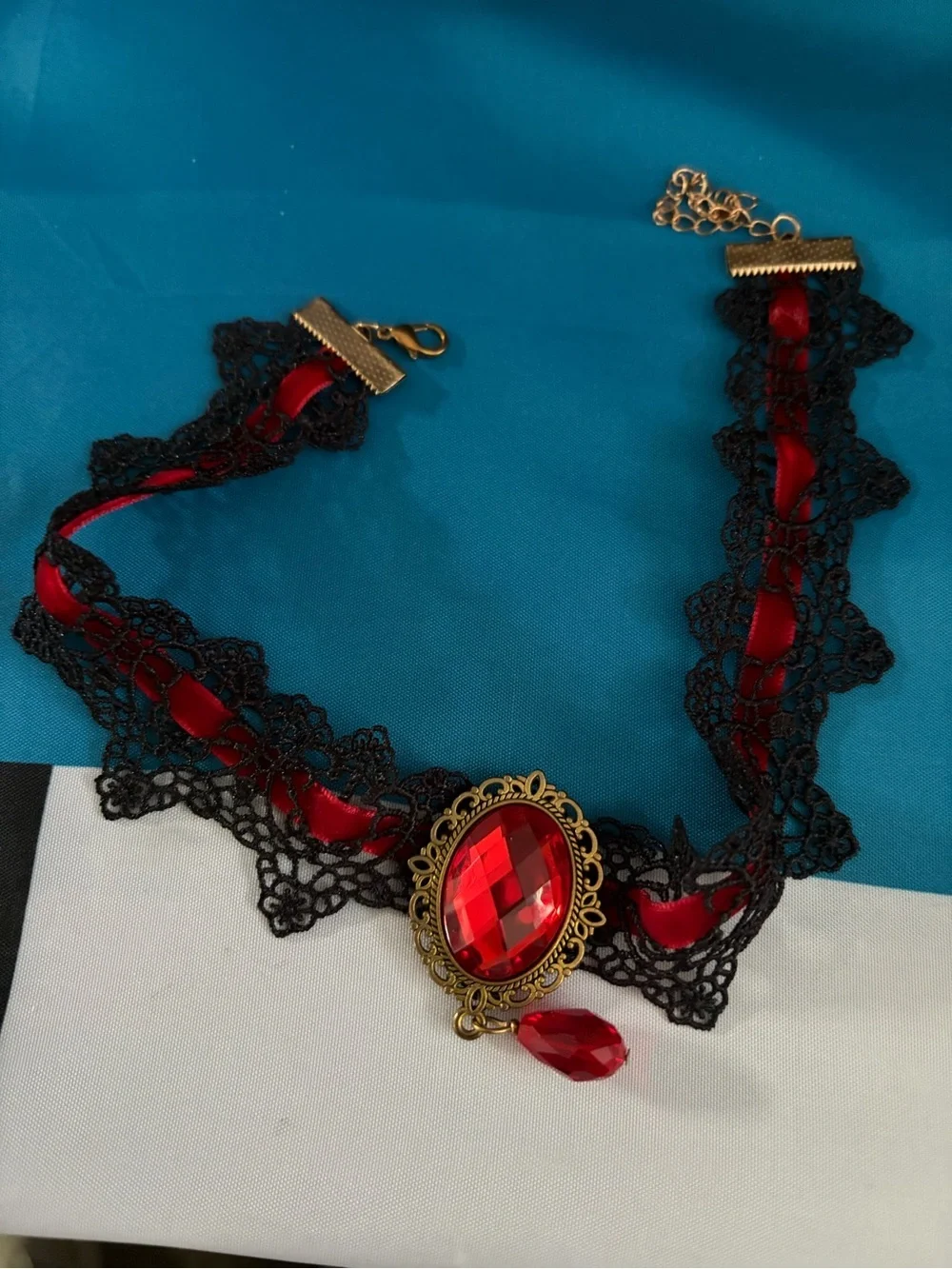 Red Lace Ribbon Choker Necklace with Antique Gold Pendant